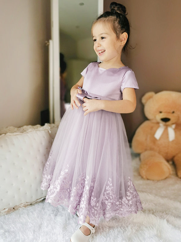 A-line Scoop Short Sleeves Applique Ankle-Length Tulle Flower Girl Dress