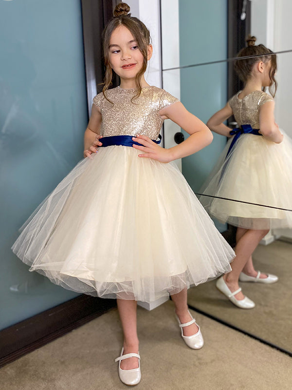 A-line Scoop Short Sleeves Sash/Ribbon/Belt Knee-Length Tulle Flower Girl Dress
