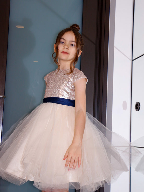 A-line Scoop Short Sleeves Sash/Ribbon/Belt Knee-Length Tulle Flower Girl Dress