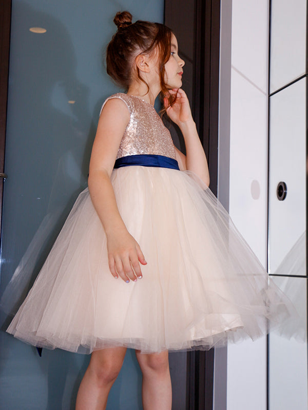 A-line Scoop Short Sleeves Sash/Ribbon/Belt Knee-Length Tulle Flower Girl Dress