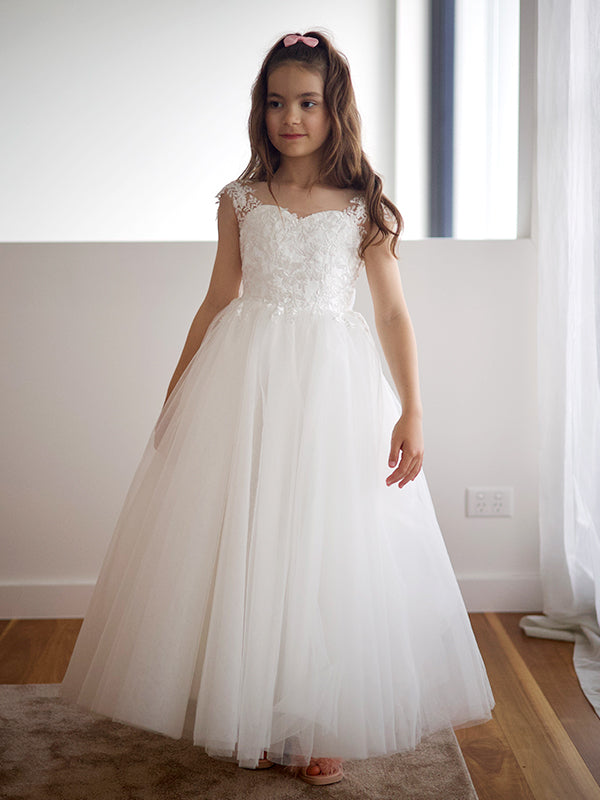 A-line Sweetheart Bow Sweep Train Tulle Flower Girl Dress