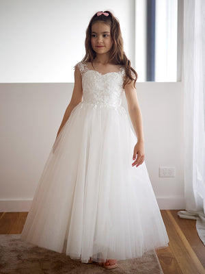 A-line Sweetheart Bow Sweep Train Tulle Flower Girl Dress