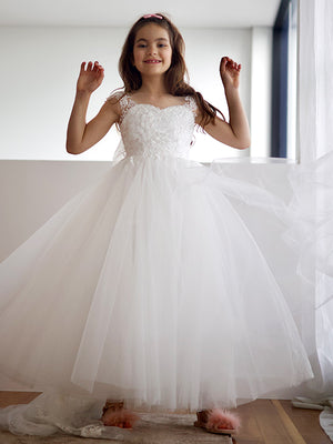 A-line Sweetheart Bow Sweep Train Tulle Flower Girl Dress