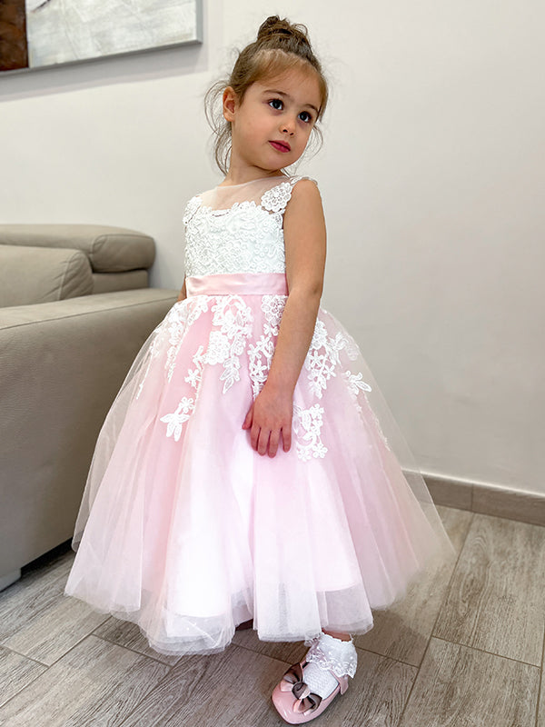 Ball-Gown Scoop Applique Ankle-Length Tulle Flower Girl Dress