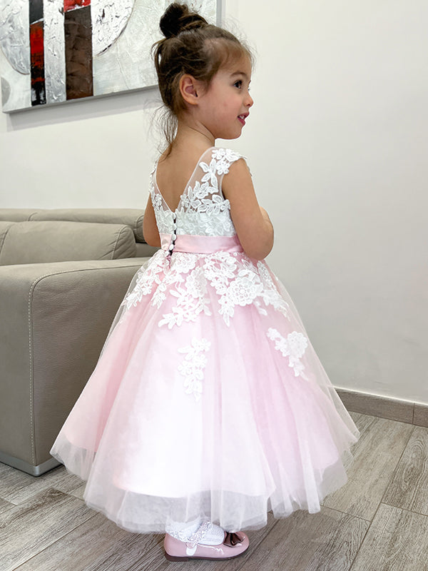 Ball-Gown Scoop Applique Ankle-Length Tulle Flower Girl Dress