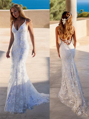 Mermaid Spaghetti Straps Appliques Lace Court Train Lace Wedding Dress