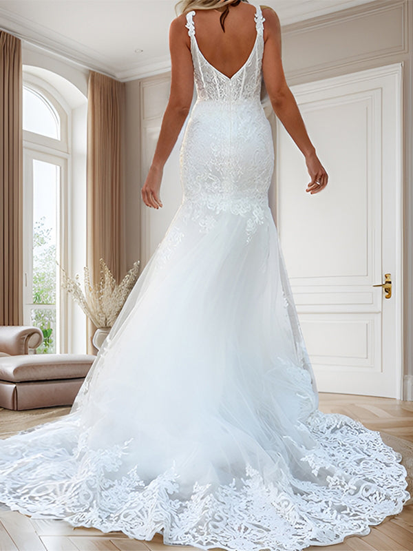Mermaid V-neck Appliques Lace Chapel Train Tulle Wedding Dress