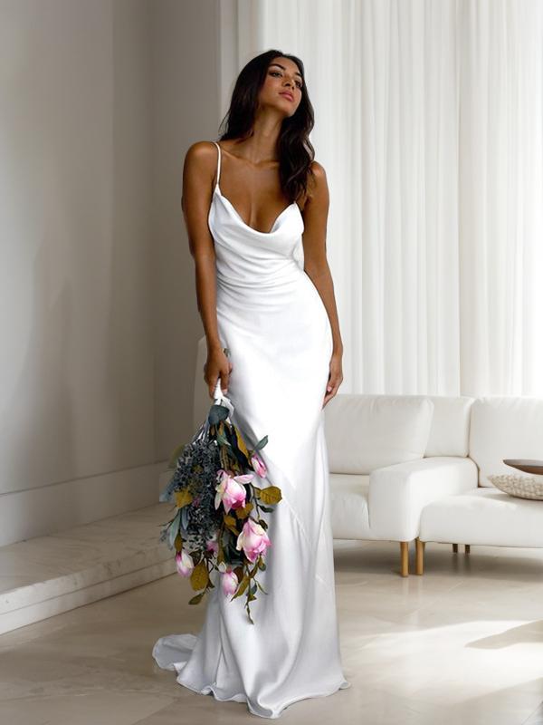 Sheath Spaghetti Straps Ruched Sweep Train Silk like Satin Wedding Dress