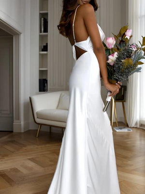 Sheath Spaghetti Straps Ruched Sweep Train Silk like Satin Wedding Dress