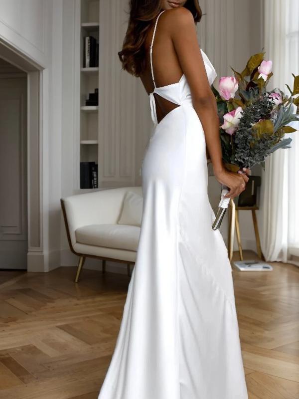 Sheath Spaghetti Straps Ruched Sweep Train Silk like Satin Wedding Dress