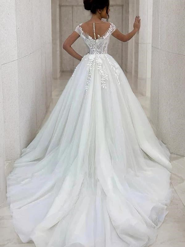A-line Scoop Short Sleeves Appliques Lace Sweep Train Tulle Wedding Dress