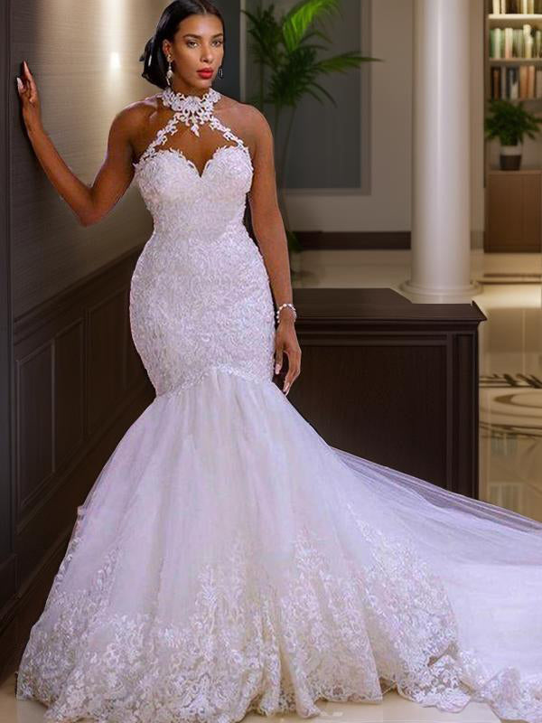 Mermaid Halter Appliques Lace Sweep Train Tulle Wedding Dress