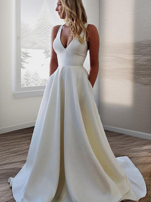 A-line V-neck Ruffles Sweep Train Stretch Crepe Wedding Dress