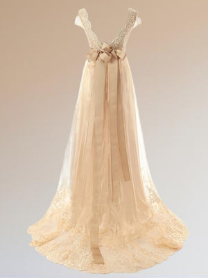 A-line V-neck Short Sleeves Sash/Ribbon/Belt Sweep Train Tulle Wedding Dress