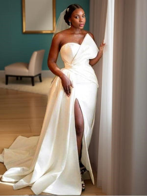 Sheath Sweetheart Ruched Sweep Train Satin Wedding Dress