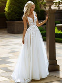A-line V-neck Lace Sweep Train Tulle Wedding Dress