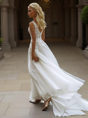 A-line V-neck Lace Sweep Train Tulle Wedding Dress