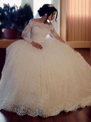 Ball-Gown Bateau Long Sleeves Lace Floor-Length Lace Wedding Dress