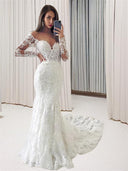 Mermaid Off-the-Shoulder Long Sleeves Applique Chapel Train Tulle Wedding Dress