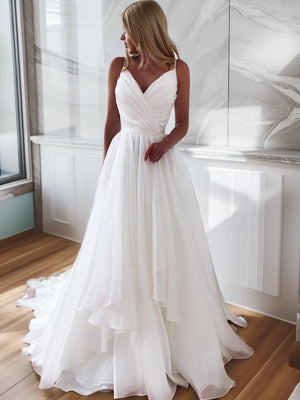 A-line V-neck Ruffles Court Train Organza Wedding Dress