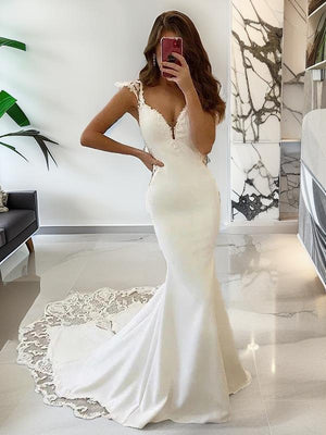 Sheath V-neck Lace Sweep Train Stretch Crepe Wedding Dress