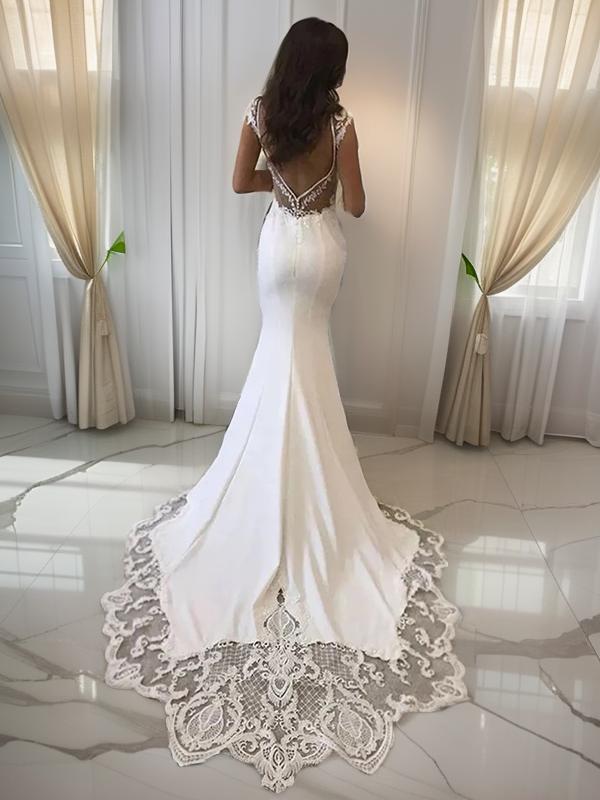 Sheath V-neck Lace Sweep Train Stretch Crepe Wedding Dress