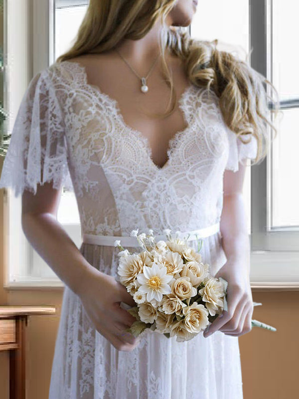 A-line V-neck Short Sleeves Lace Sweep Train Lace Wedding Dress