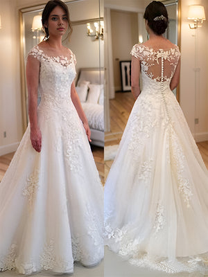 A-line Scoop Applique Sweep Train Tulle Wedding Dress