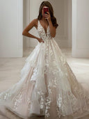 A-line V-neck Cascading Ruffles Floor-Length Tulle Wedding Dress
