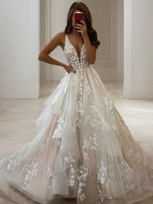 A-line V-neck Cascading Ruffles Floor-Length Tulle Wedding Dress