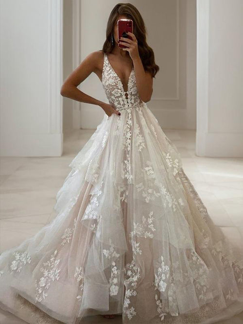 A-line V-neck Cascading Ruffles Floor-Length Tulle Wedding Dress