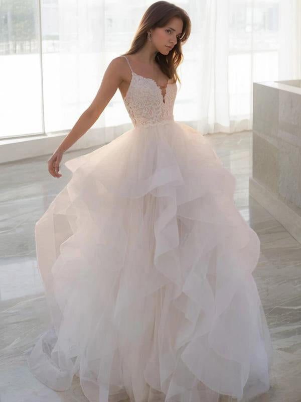 A-line V-neck Lace Sweep Train Tulle Wedding Dress