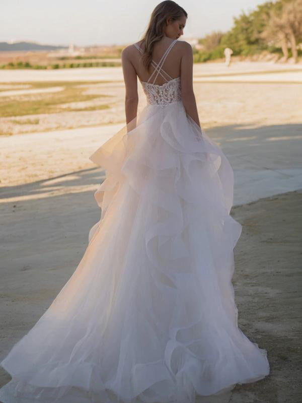 A-line V-neck Lace Sweep Train Tulle Wedding Dress