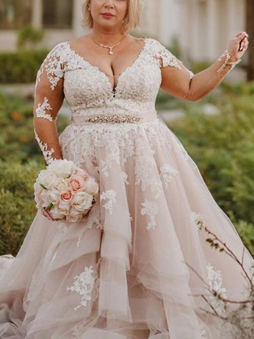 Ball-Gown V-neck Long Sleeves Applique Court Train Tulle Wedding Dress