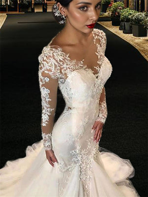 Mermaid V-neck Long Sleeves Lace Chapel Train Tulle Wedding Dress