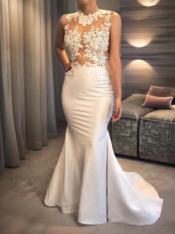 Mermaid Scoop Applique Court Train Satin Wedding Dress