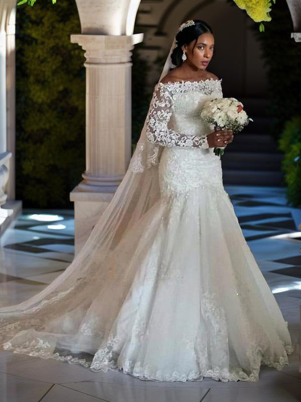 Mermaid Off-the-Shoulder Long Sleeves Lace Sweep Train Tulle Wedding Dress