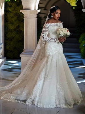 Mermaid Off-the-Shoulder Long Sleeves Lace Sweep Train Tulle Wedding Dress