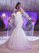 Mermaid Sweetheart Long Sleeves Applique Sweep Train Tulle Wedding Dress