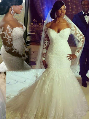 Mermaid Sweetheart Long Sleeves Applique Sweep Train Tulle Wedding Dress