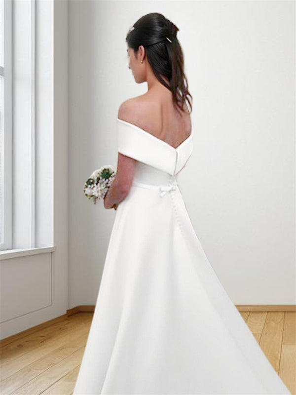 A-line Off-the-Shoulder Sweep Train Satin Wedding Dress