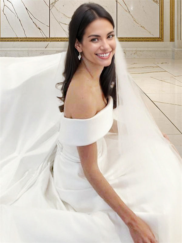 A-line Off-the-Shoulder Sweep Train Satin Wedding Dress