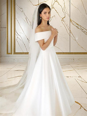 A-line Off-the-Shoulder Sweep Train Satin Wedding Dress