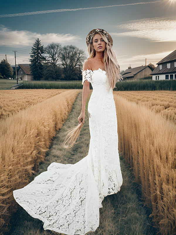Mermaid Off-the-Shoulder Short Sleeves Applique Court Train Lace Wedding Dress