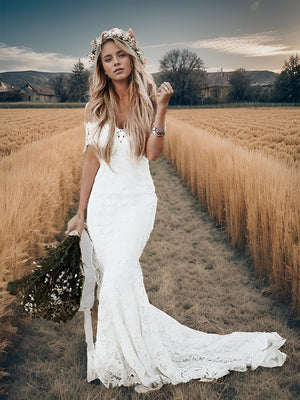 Mermaid Off-the-Shoulder Short Sleeves Applique Court Train Lace Wedding Dress