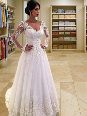 Ball-Gown V-neck Long Sleeves Appliques Lace Court Train Tulle Wedding Dress