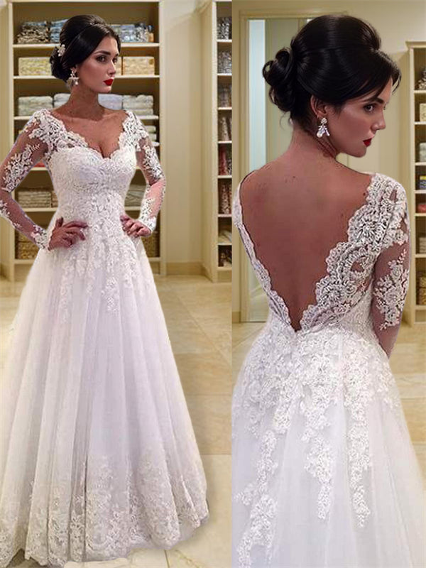 Ball-Gown V-neck Long Sleeves Appliques Lace Court Train Tulle Wedding Dress