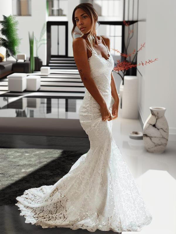 Sheath V-neck Applique Court Train Lace Wedding Dress