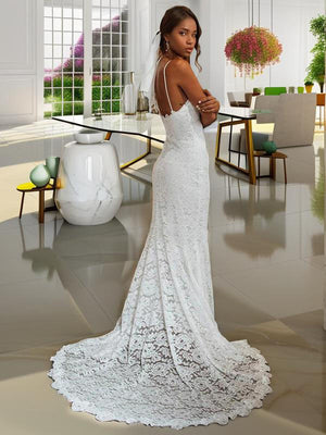 Sheath V-neck Applique Court Train Lace Wedding Dress