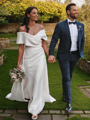 Sheath Off-the-Shoulder Short Sleeves Ruffles Sweep Train Charmeuse Wedding Dress